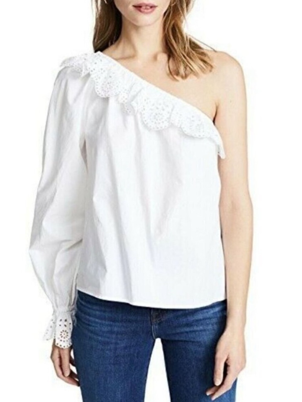 Joie Arianthe One Shoulder Eyelet Lace Ruffle Trim Long Sleeve Blouse White Sz L